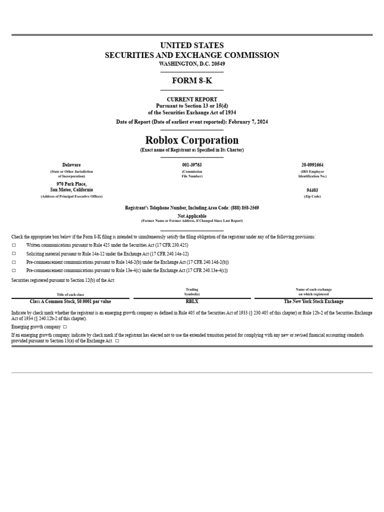 Roblox Corporation: United States Securities and Exchange Commission ...