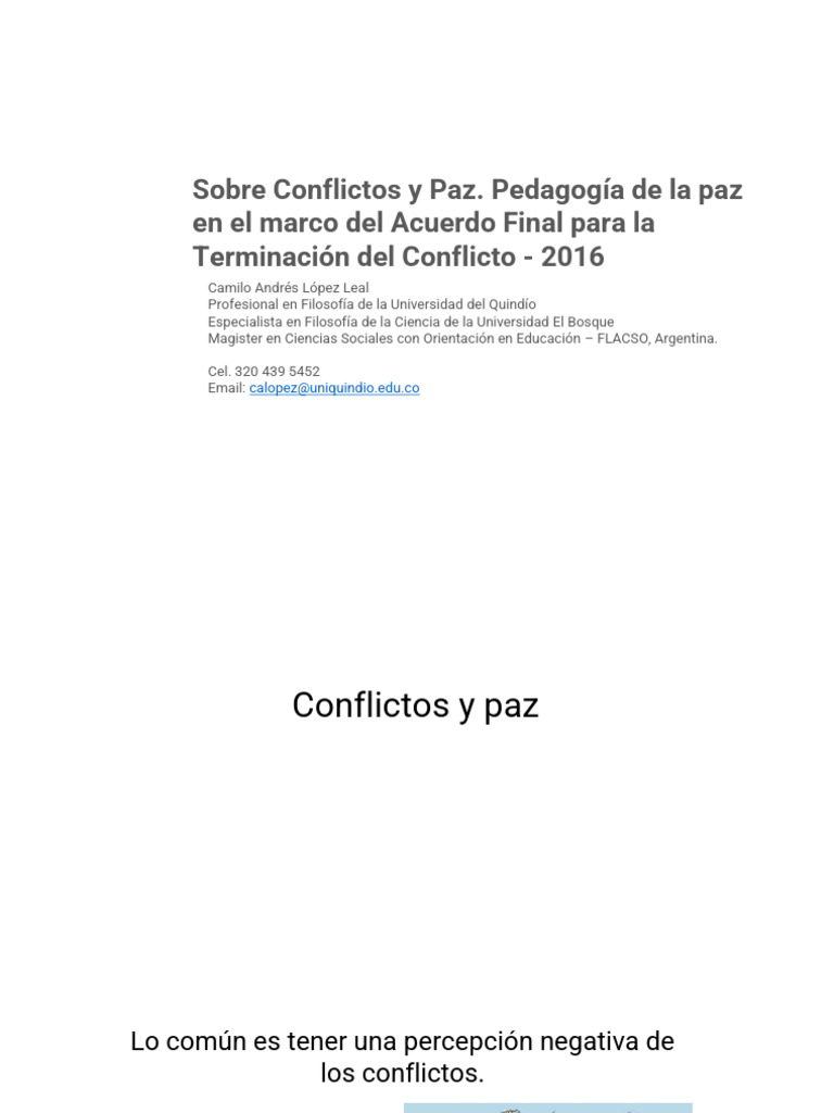Sobre Conflictos y Paz. Pedagogía de La Paz en El Marco Del Acuerdo ...