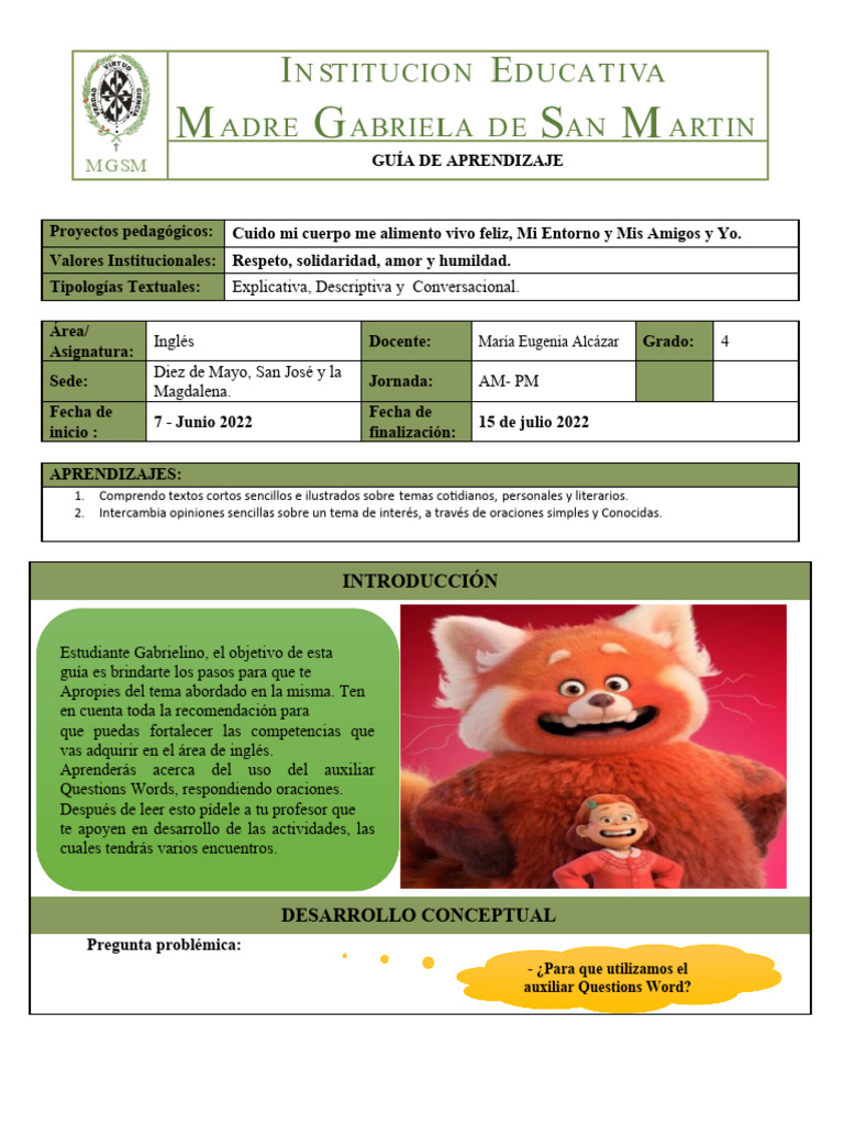 Guia de Ingles Grado 4 Cuido Mi Cuerpo 2022 | PDF | Maestros | Aprendizaje