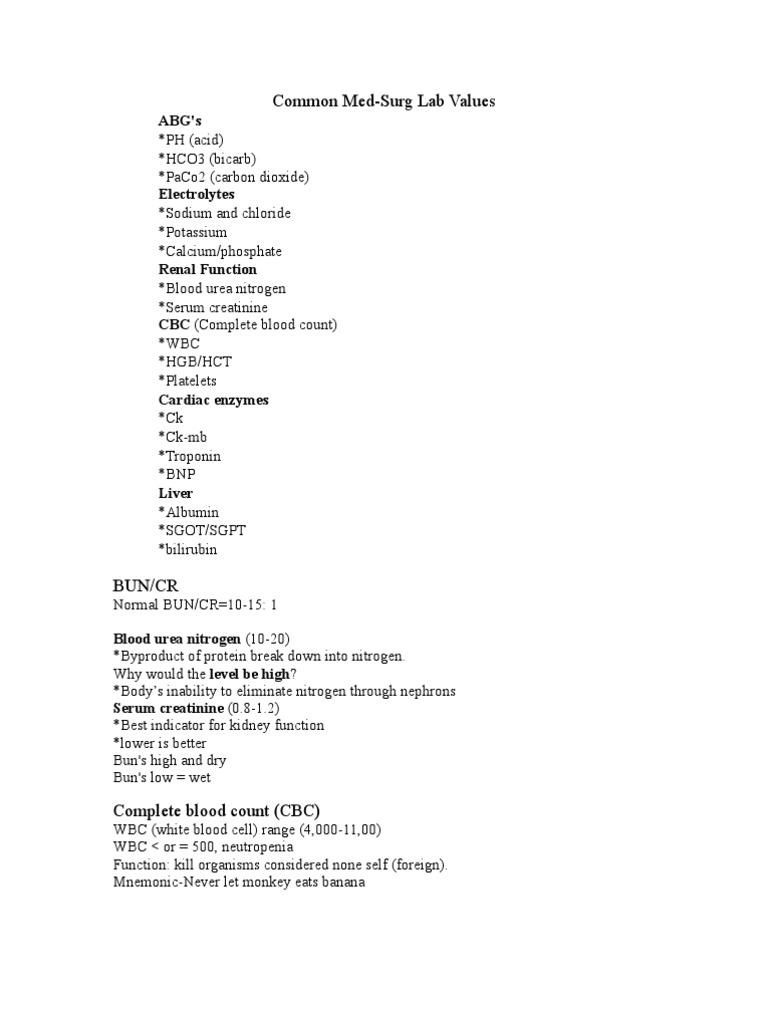 Common Med Surg Lab Values PDF Kidney Hemoglobin