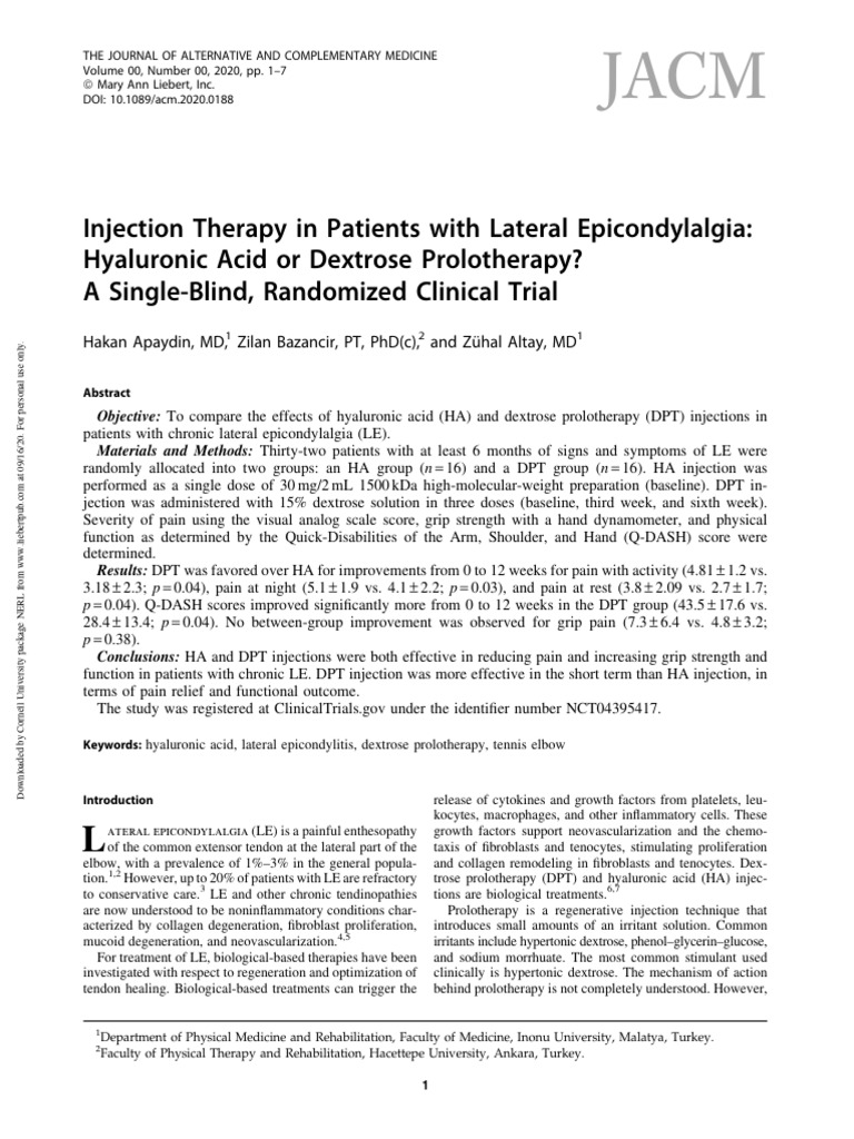 Injection Therapy in Patients With Lateral Epicondylalgia Hyaluronic