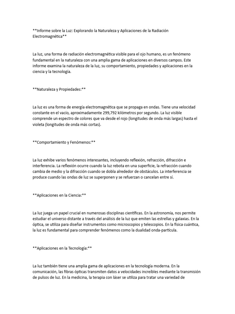 Informe sobre la Luz y sus Aplicaciones | PDF | Ligero | Radiación