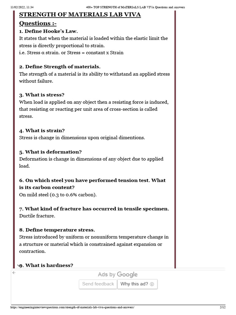 LAB VIVA Questions and Answers | PDF | Bending | Strength Of Materials