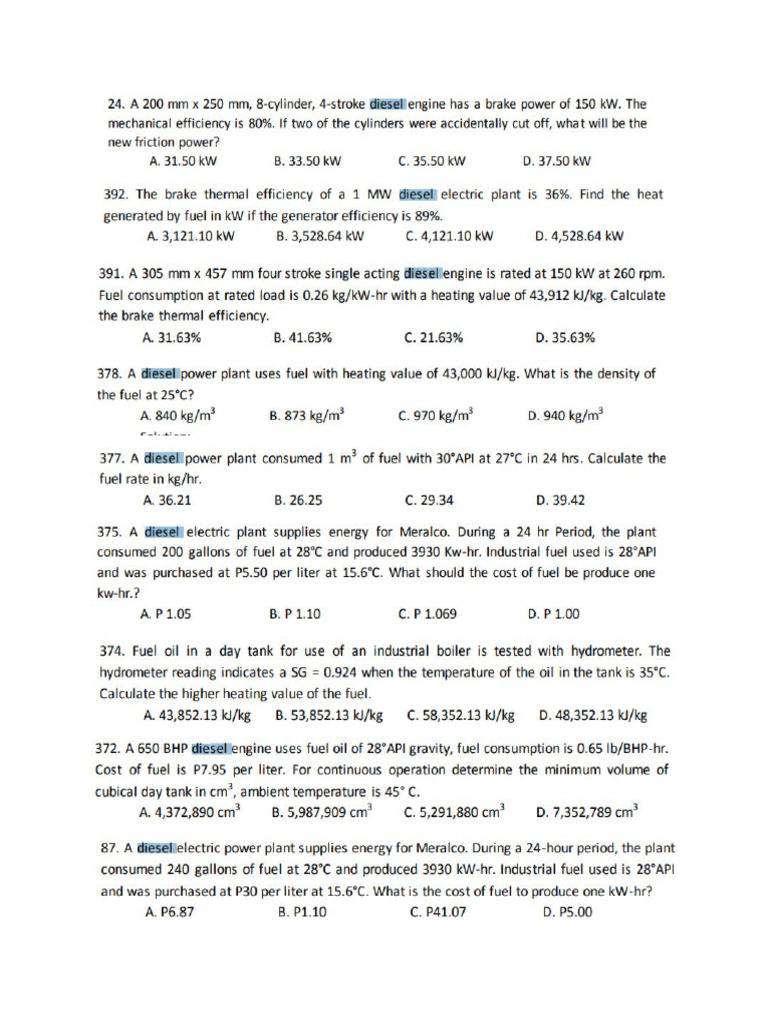 Sample Problems in Diesel Power Plant | PDF