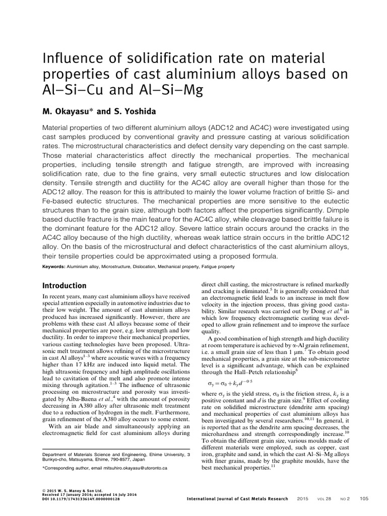 Influence of Solidification Rate On Material Properties of Cast ...
