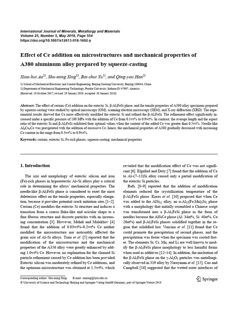 Effect of Ce Addition On Microstructures and Mechanical Properties of ...