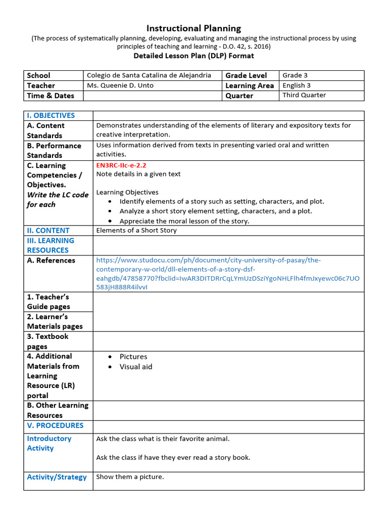 Grade 3 English Detailed Lesson Plan | PDF | Plot (Narrative) | Learning