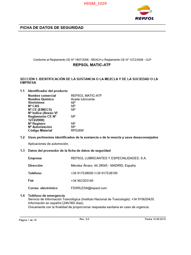 Ficha de Seguridad Repsol Matic-ATF | PDF | Agua | Contaminación