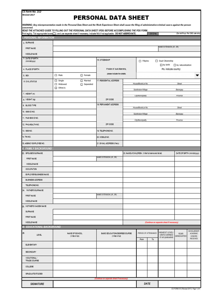 CS Form No. 212 Personal Data Sheet Revised PDF