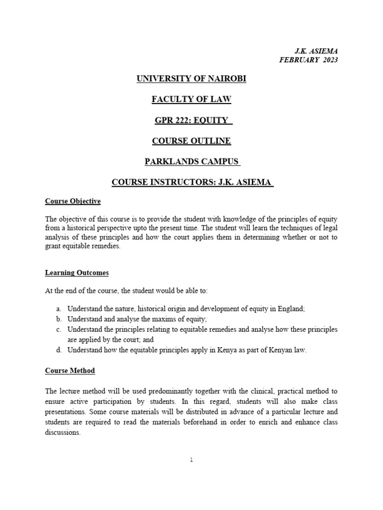 222 Equity Course Outline Feb 2023 PDF Equity (Law) English Law