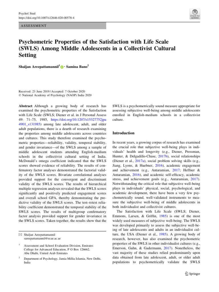 Psychometric Properties of The Satisfaction With Life Scale | Download ...