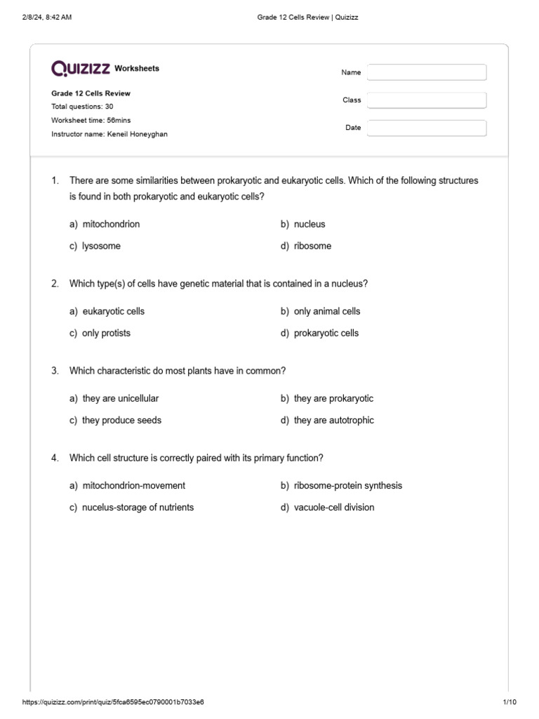 Grade 12 Cell Structure Quiz Review | PDF | Cell (Biology) | Organisms