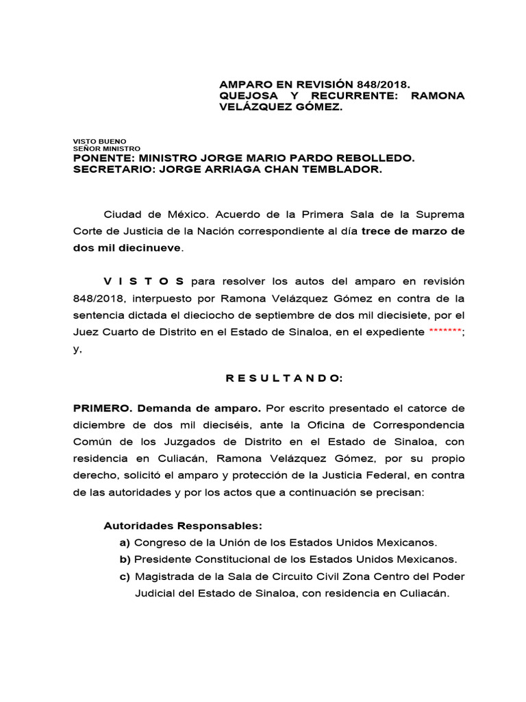 Amparo en Revisión 848/2018: Ramona Velázquez | PDF | Caso de ley ...