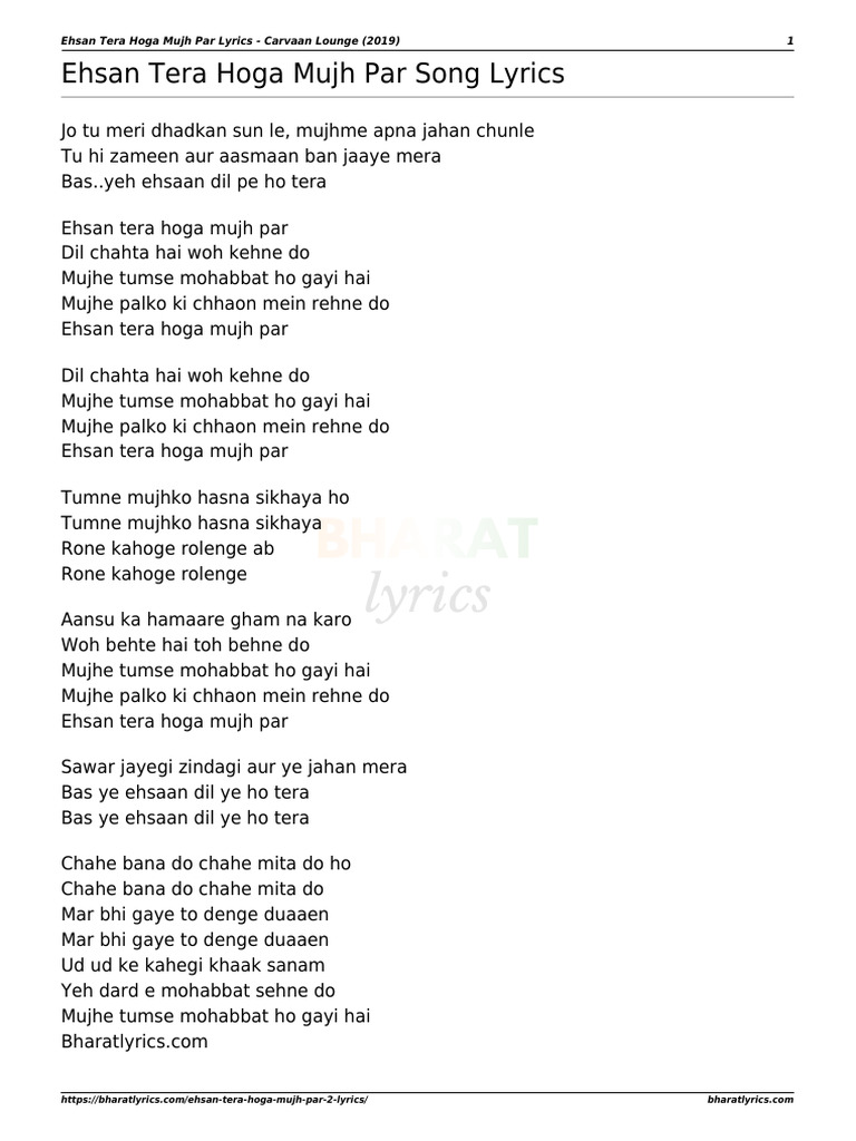 Ehsan Tera Hoga Mujh Par Lyrics | PDF | Poetry