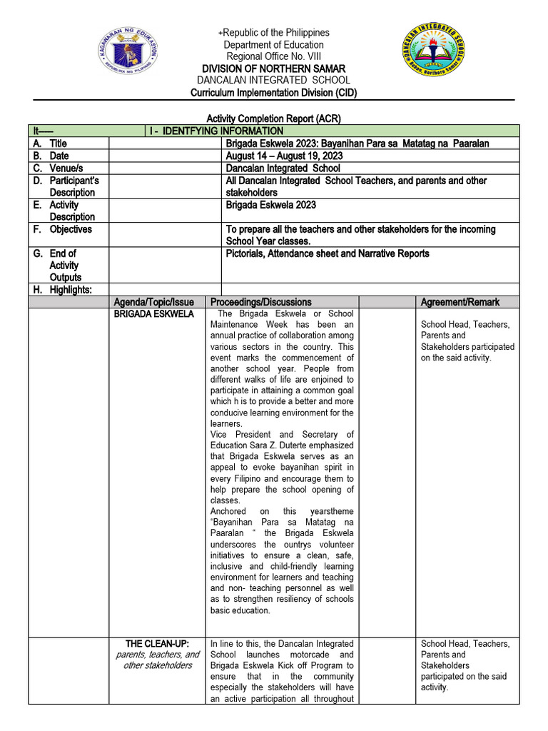 Brigada Eskwela 2023 Activity Report | PDF | Learning | Cognition