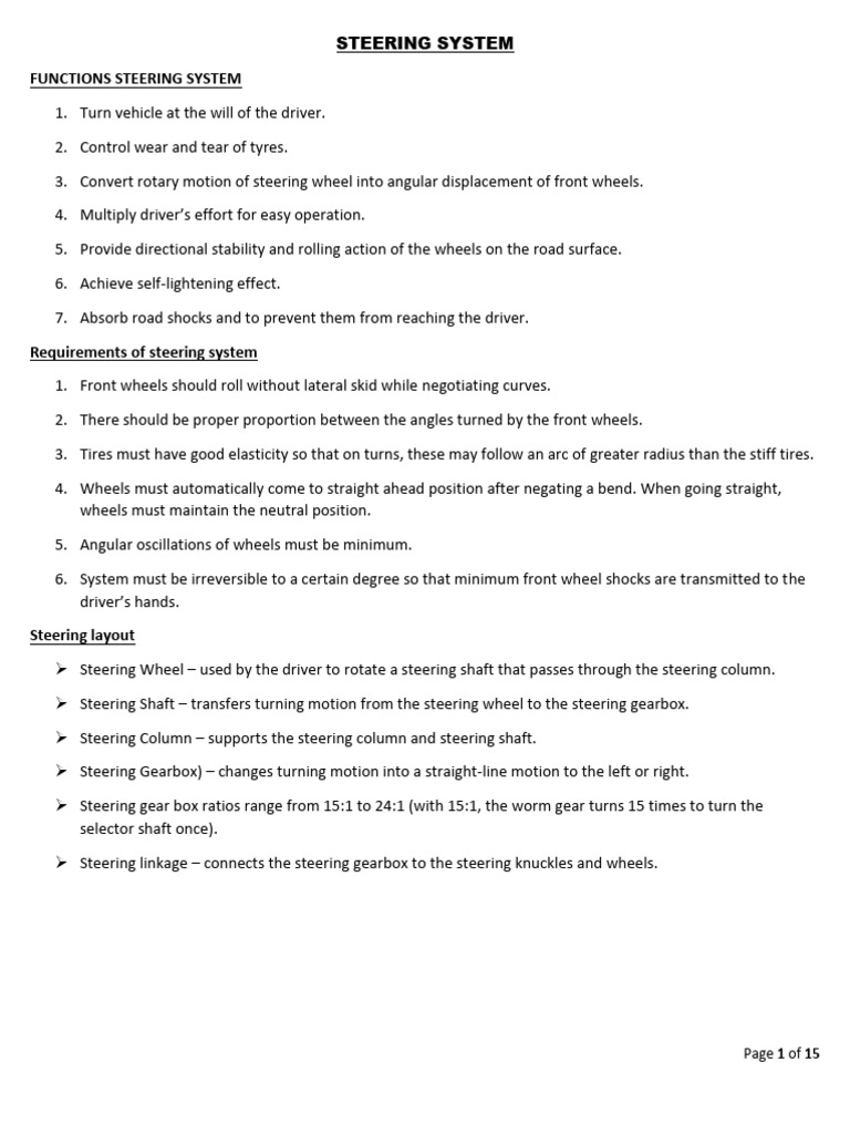 STEERING SYSTEM Notes | PDF
