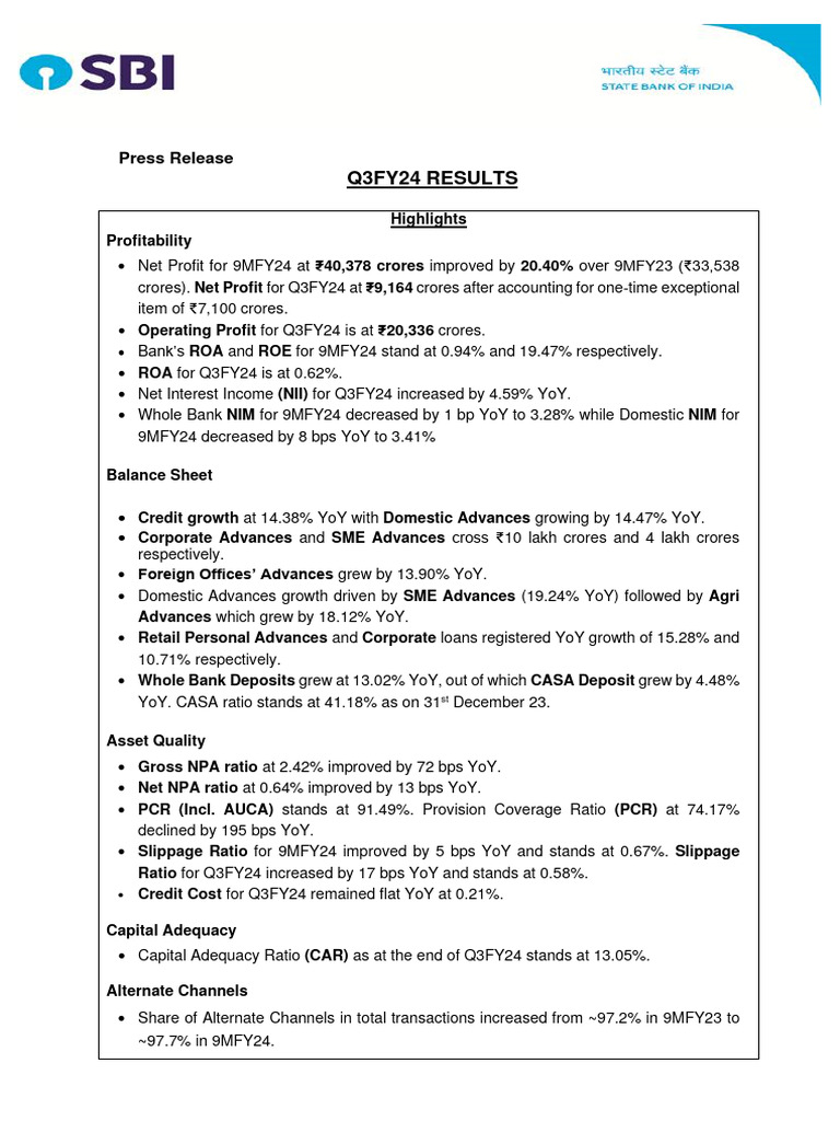 030224-SBI Press Release Q3FY24 S | PDF | Capital Requirement ...