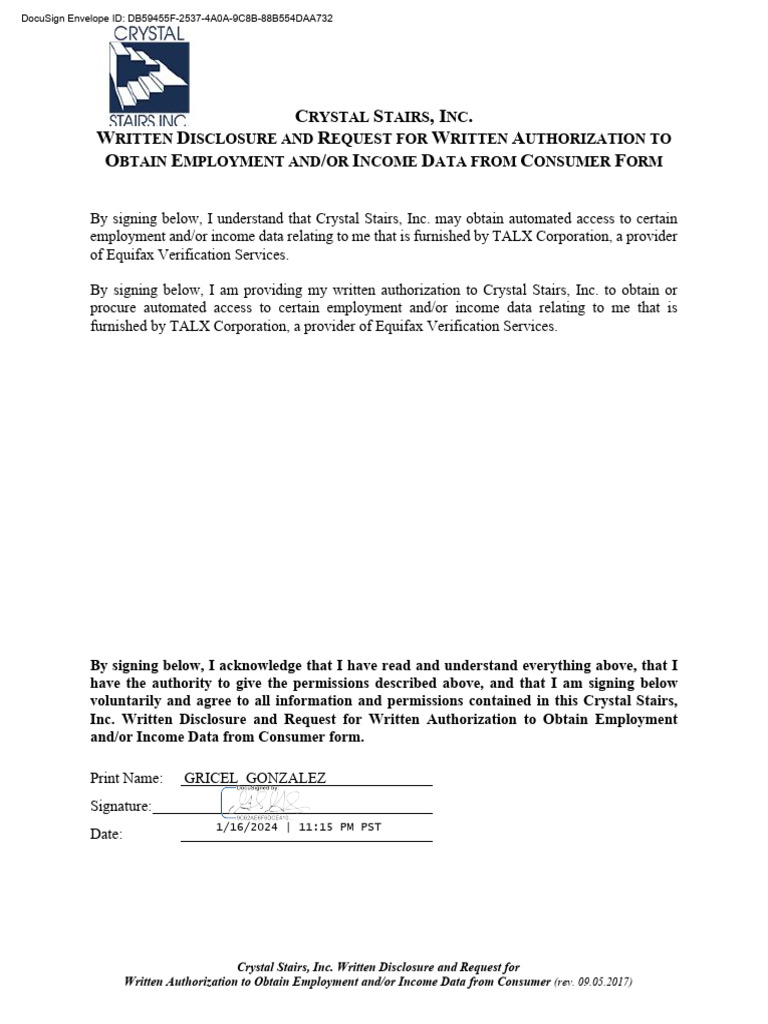 Crystal Stairs Employment Data Authorization | PDF | Health Care ...