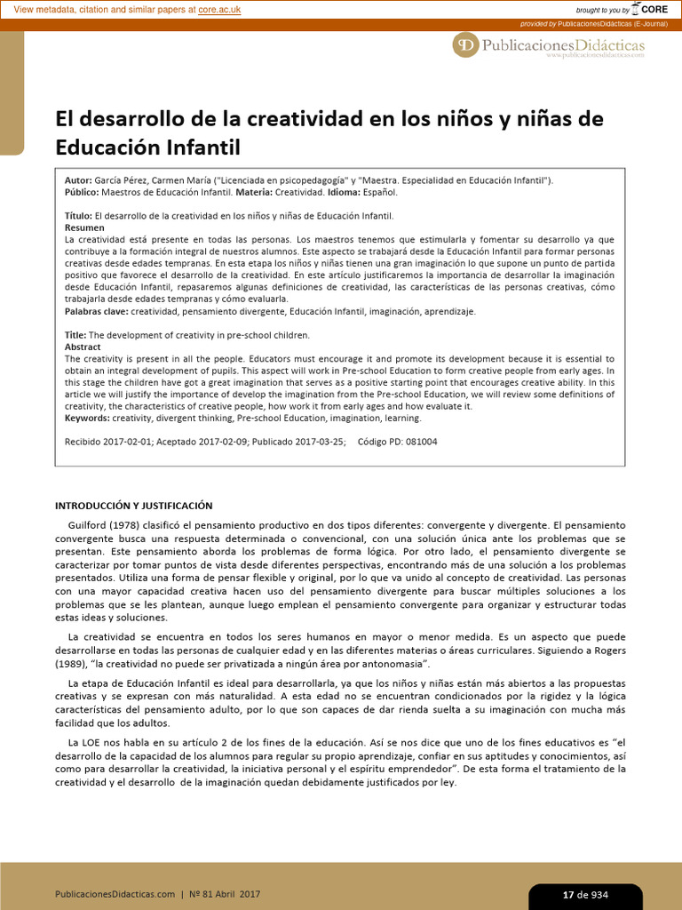 El Desarrollo de La Creatividad en Los Niños y Niñas de Educación ...