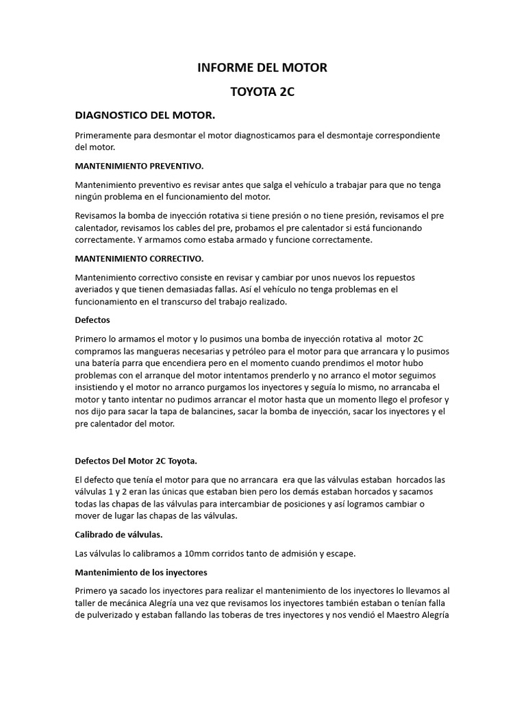 Diagnóstico y Mantenimiento Motor Toyota 2C | PDF | Inyección de ...