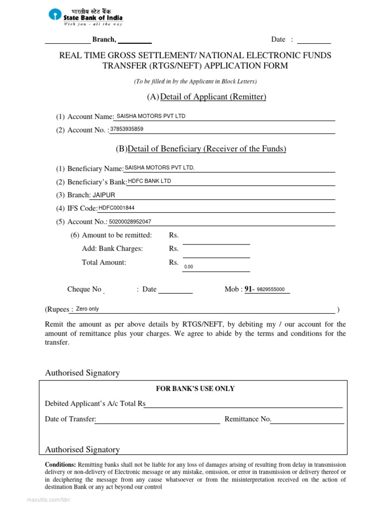 SBI RTGS/NEFT Application Form | PDF
