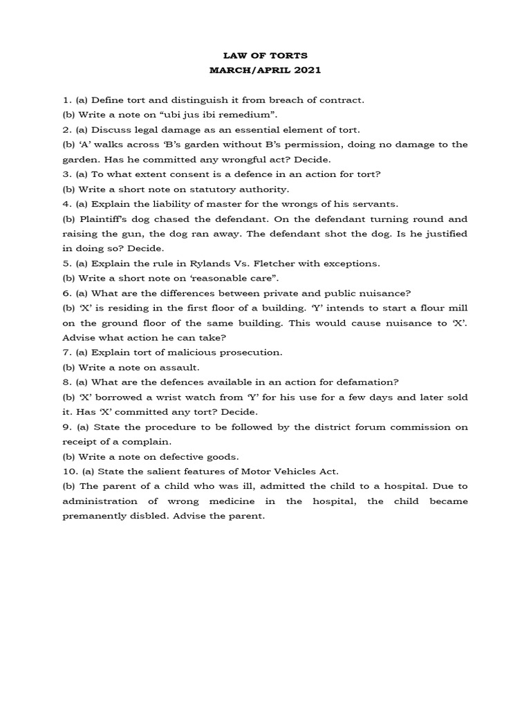 Key Concepts in Law of Torts Exam | PDF