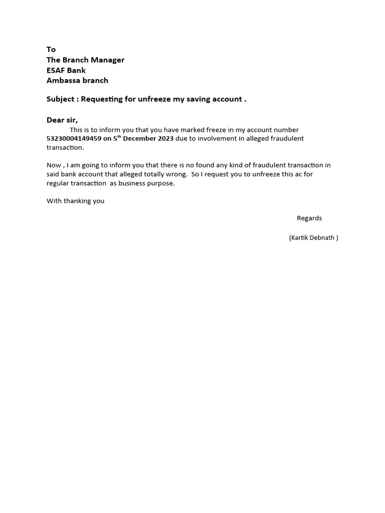 To the branch manager esaf bank ambassa branch subject requesting for