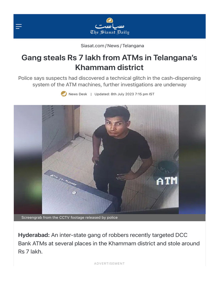 Gang Steals Rs 7 Lakh From Atms In Telangana S Khammam District Pdf