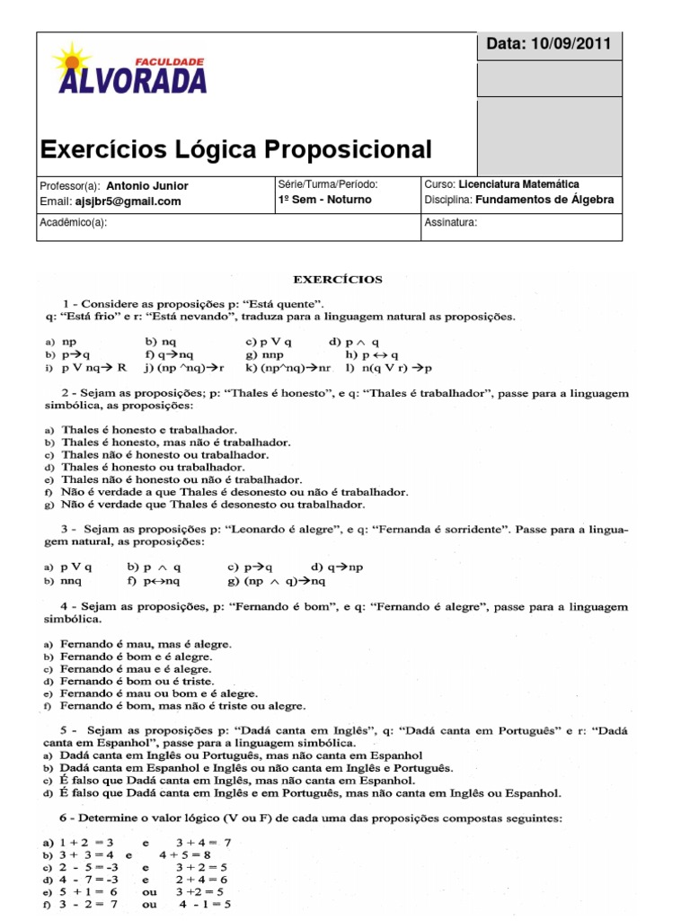 Exercícios de Lógica Proposicional | PDF | Argumento | Lógica