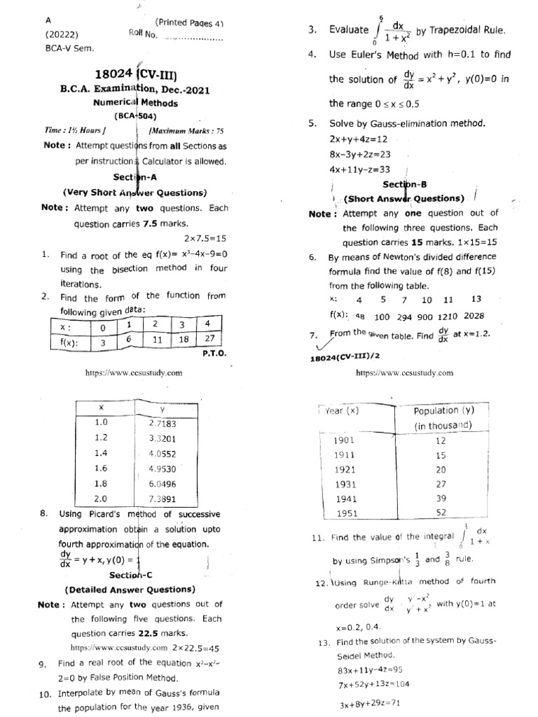 Bca 5 Sem Numerical Methods 18024 Cv3 Dec 2021 | PDF