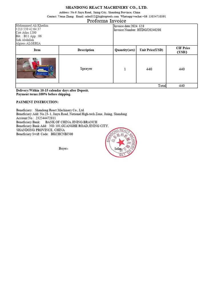 Proforma Invoice for Sprayer Purchase | PDF
