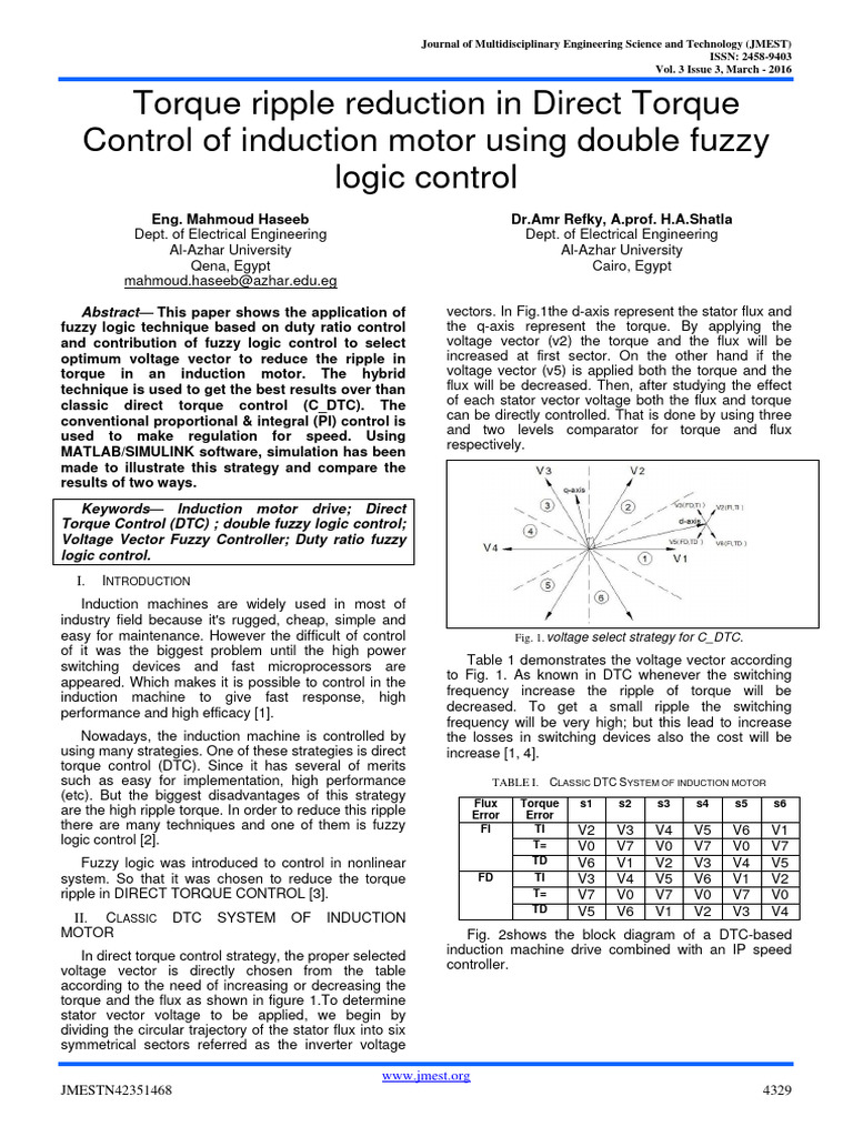 Torque Ripple Reduction in DTC Using Fuzzy Logic | PDF | Electric Motor ...