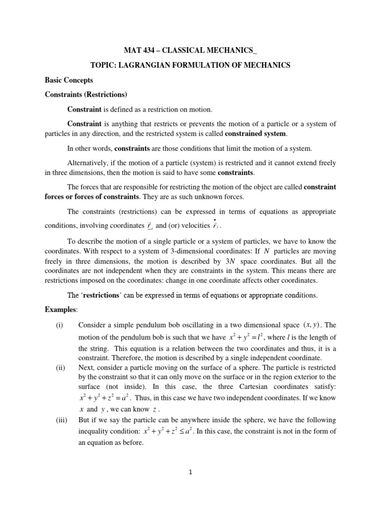 Lagrangian Mechanics and Constraints | PDF | Lagrangian Mechanics ...