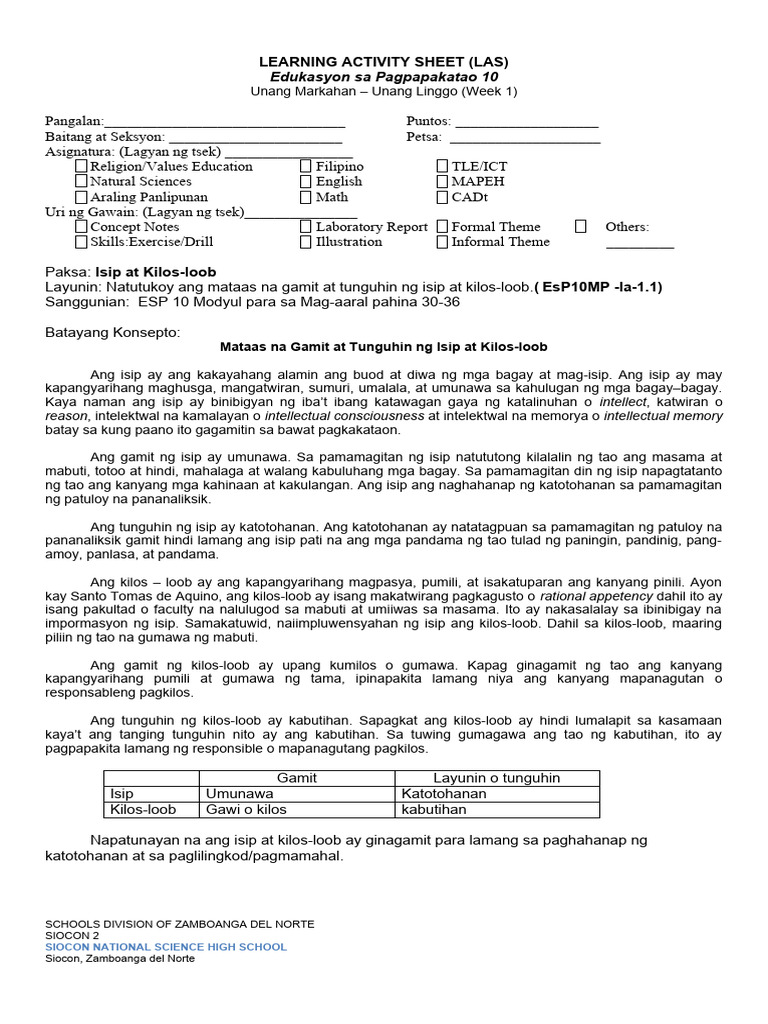 LAS - 1 Isip at Kilos-Loob | PDF
