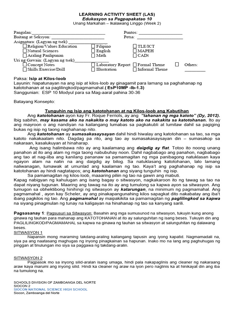 LAS - 2 Isip at Kilos-Loob | PDF