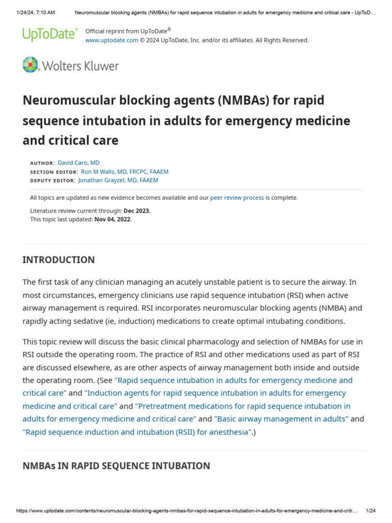 Neuromuscular Blocking Agents (NMBAs) For Rapid Sequence Intubation in
