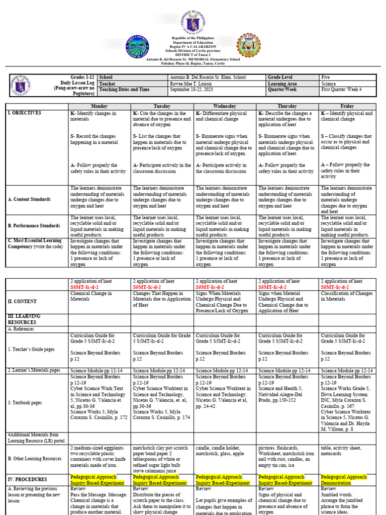 Grade 5 Science Lesson on Material Changes | PDF | Learning | Rust