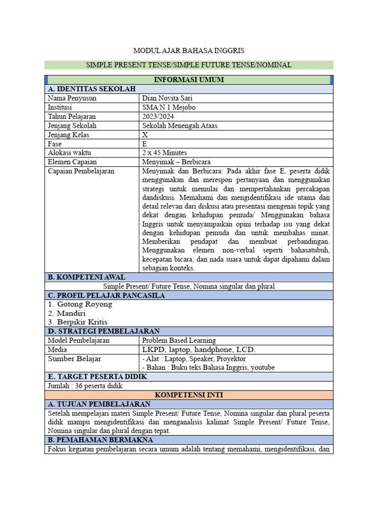 Modul Ajar Tenses Bahasa Inggris Kelas X Pdf