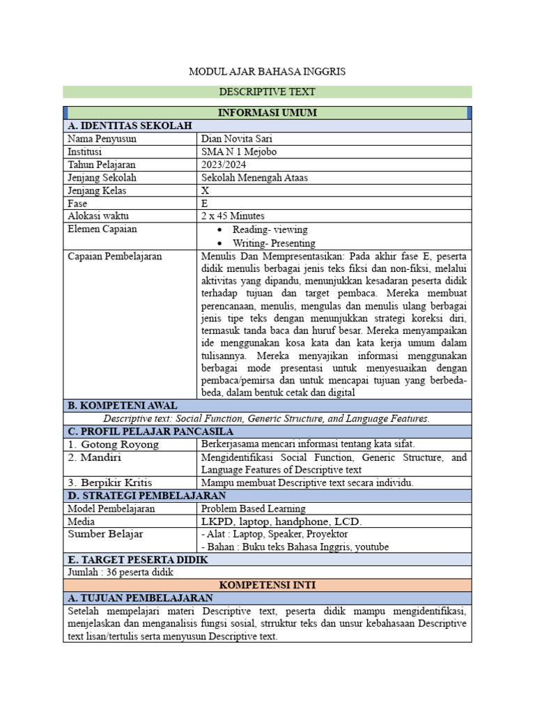 Modul Ajar Descriptive Text Kelas X | PDF