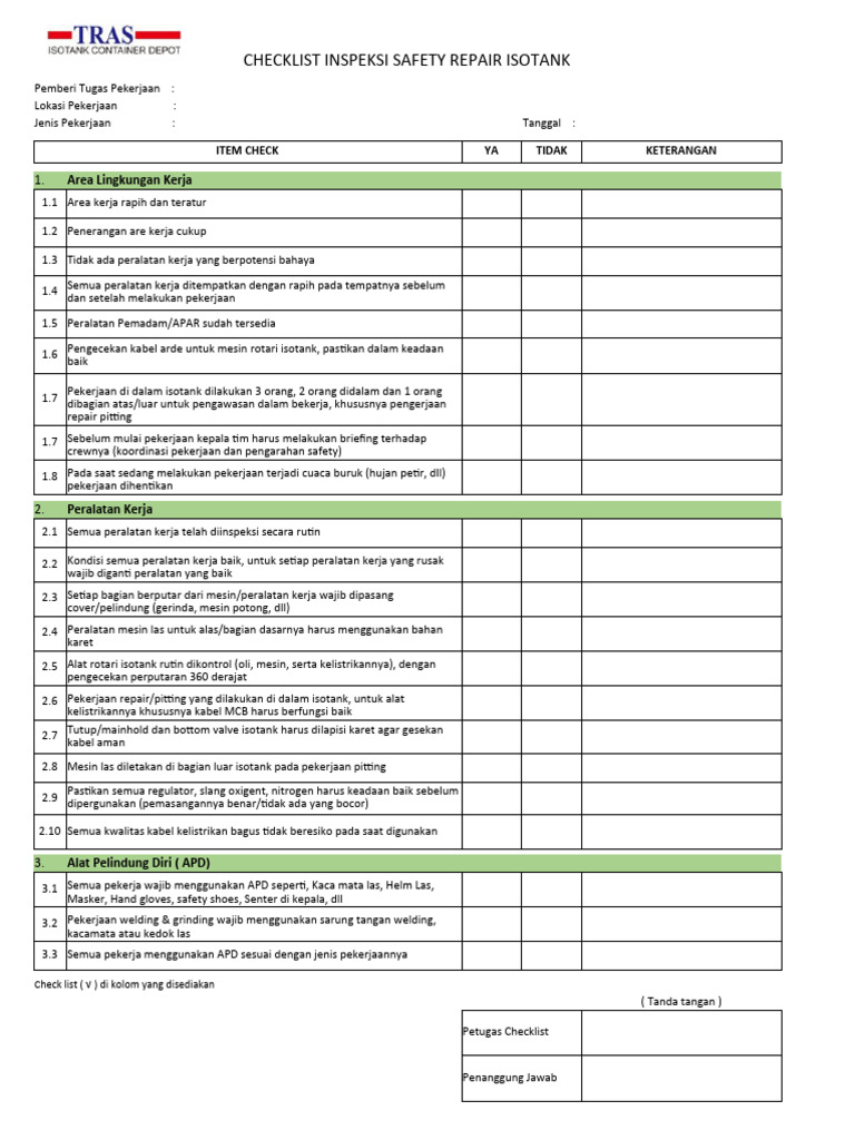 Checklist Inspeksi Safety Isotank | PDF