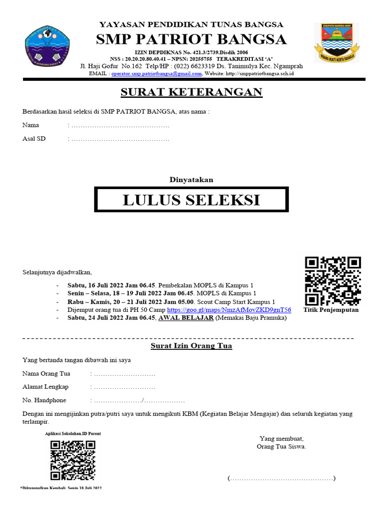 Surat Keterangan Lulus SMP Patriot Bangsa | PDF