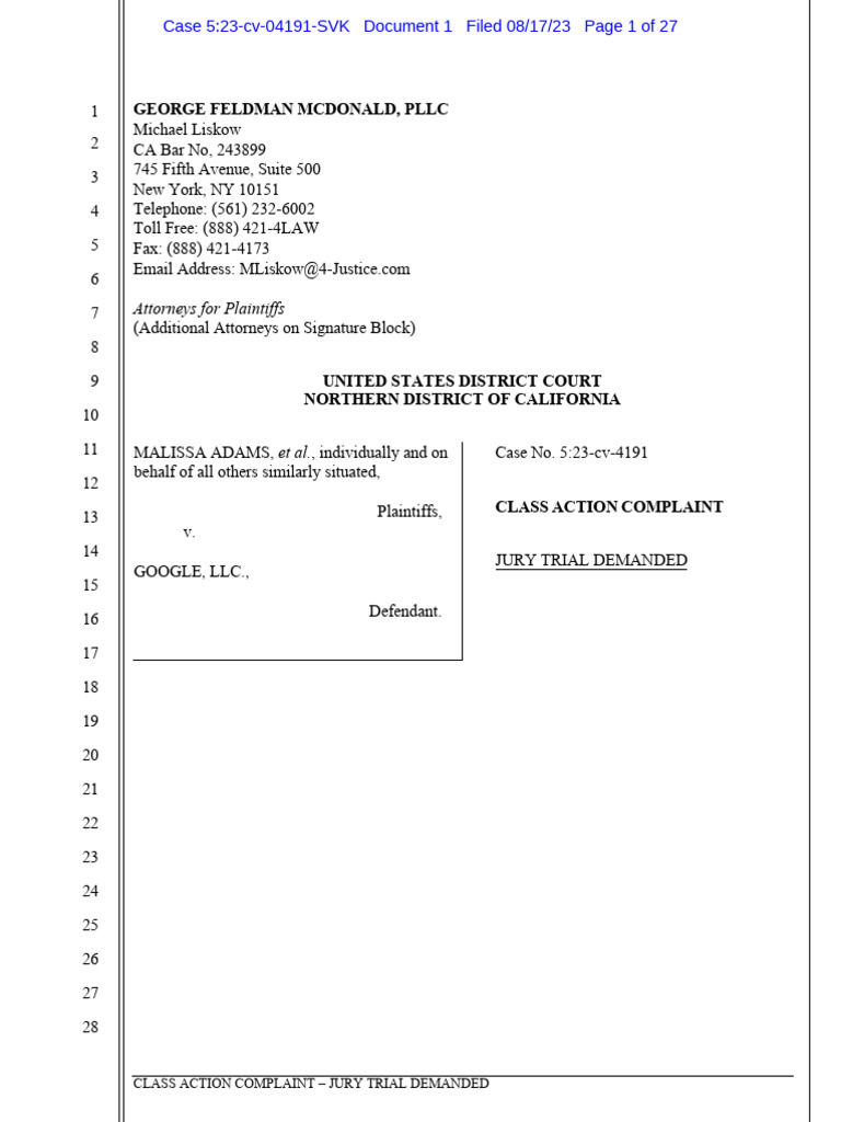 Class Action Complaint Against Google | PDF