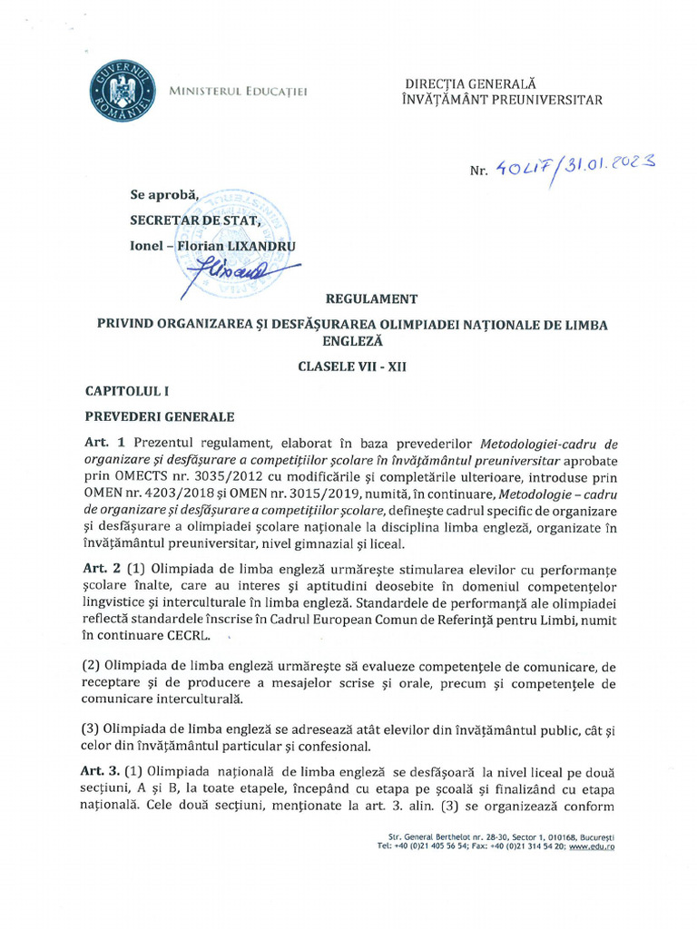 Regulament Olimpiada de Limba Engleza 2023 | PDF