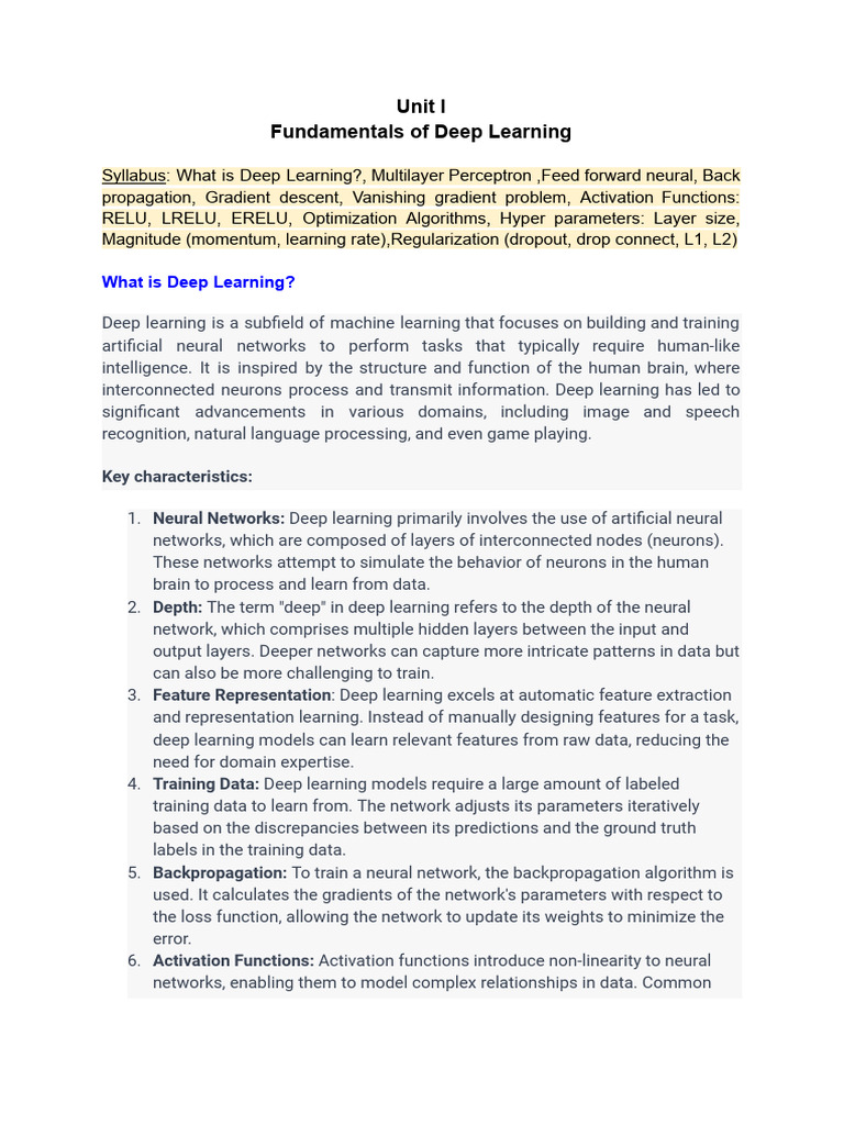 Unit 1 fundamentals of deep learning pdf