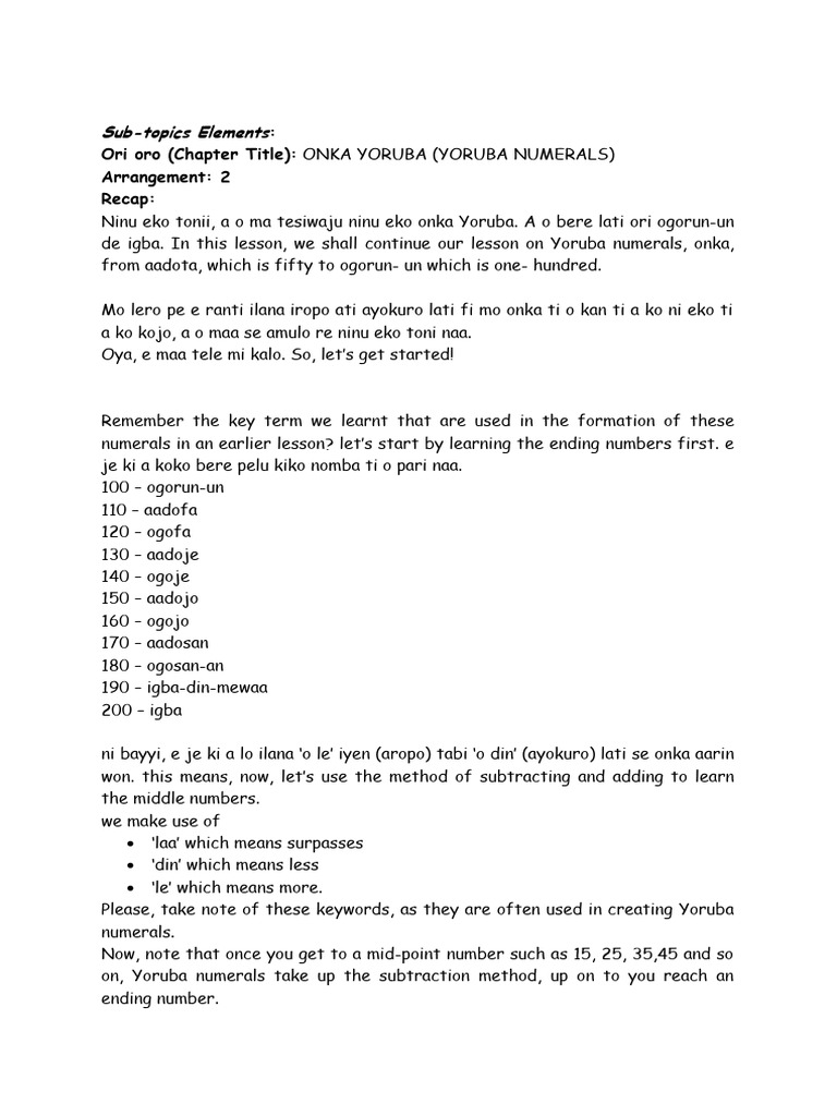Yoruba Numerals: 50 to 200 Lessons | PDF | Language Arts & Discipline