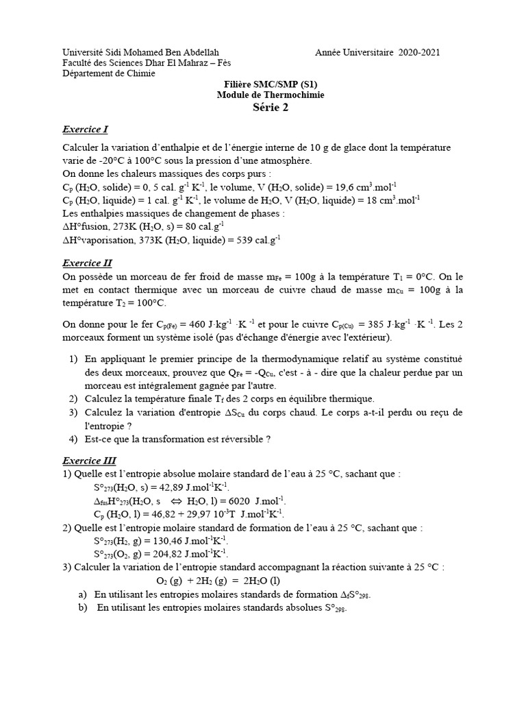 Exercices de Thermochimie et Thermodynamique | PDF | Équilibre chimique ...
