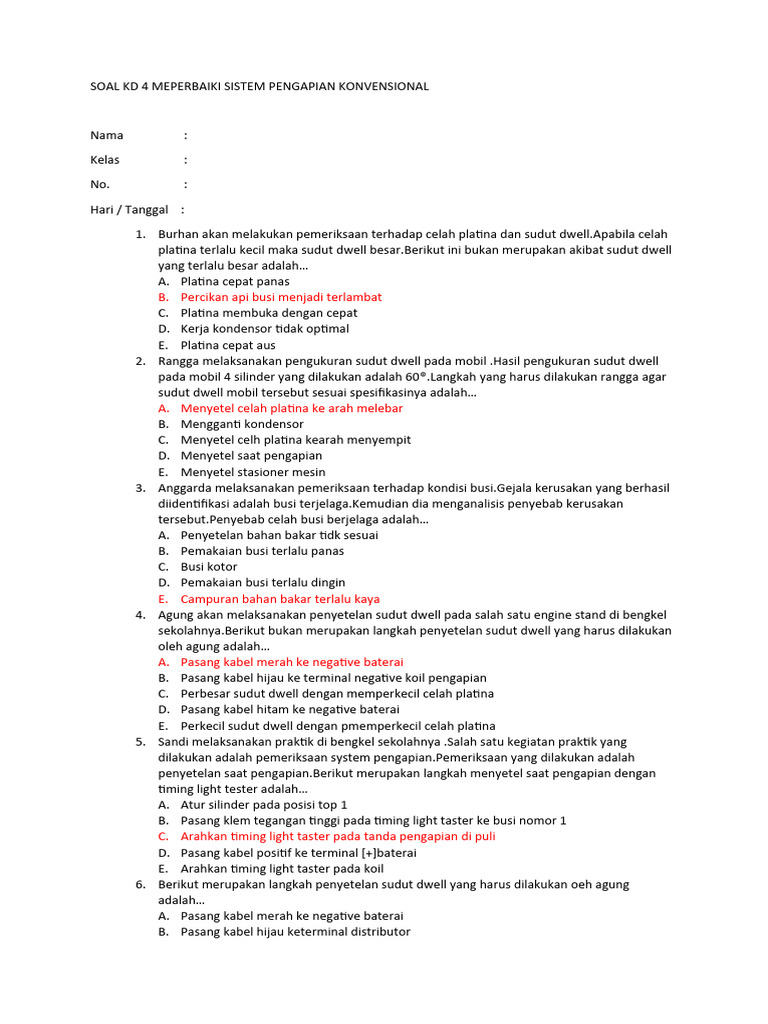 Soal KD 4. Perbaikan Sistem Pengapin Konvensional | PDF