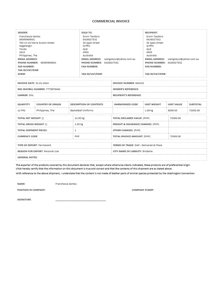 Commercial Invoice for Basketball Uniforms | PDF | Value Added Tax ...