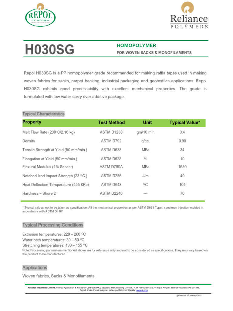 Repol H030SG Polypropylene Data Sheet | PDF | Polymers | Information