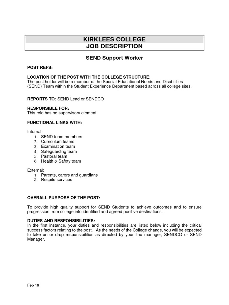 SEND Support Worker Job Description | PDF | Literacy | Special Education